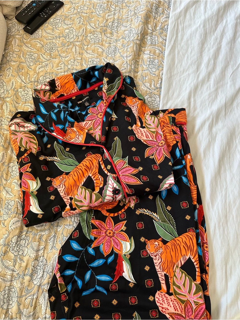 Black Floral & Tiger Print Pajama Set - Vibrant Nightwear